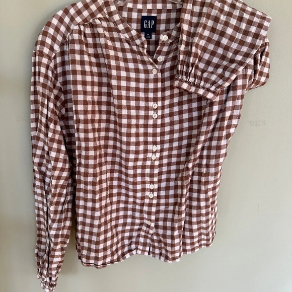 Gap Woman's Brown/White Check Flannel Size M Long Sleeve Double Button - Picture 6 of 10